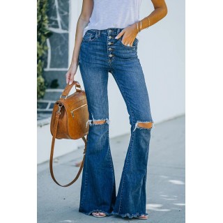 Casual Street Solid Ripped Split Joint Boot Cut Bottoms