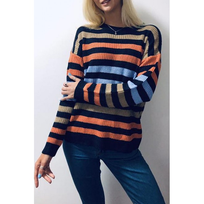 Fashion Casual Striped Basic O Neck Tops Sweater