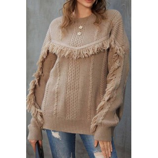 Round Neck Loose Tassel Twist Solid Color Sweater