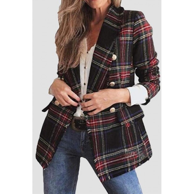 Casual Plaid Patchwork Buckle Turndown Collar Outerwear(4 colors)