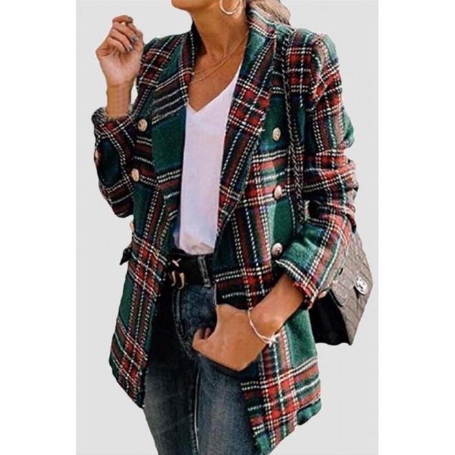 Casual Plaid Patchwork Buckle Turndown Collar Outerwear(4 colors)
